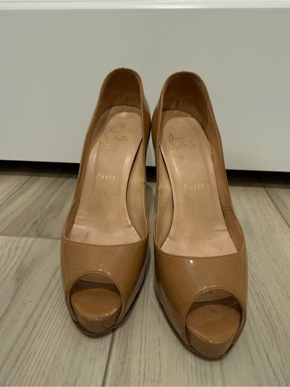 Christian Louboutin Nude Patent Peep-Toe Pumps size 38